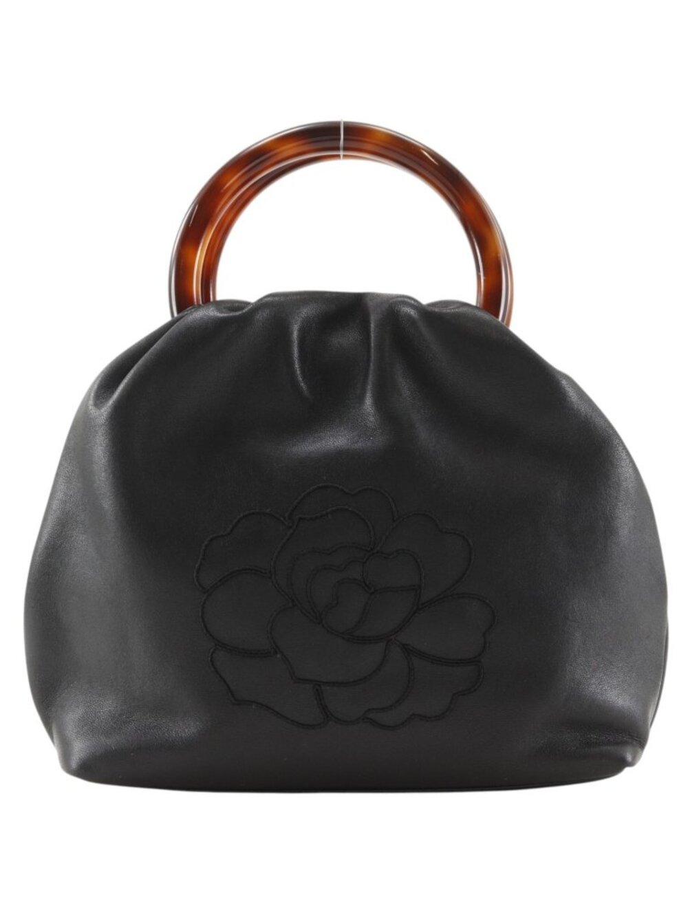 Chanel Round Handle Bag Camellia Lambskin Leather Black Handbag